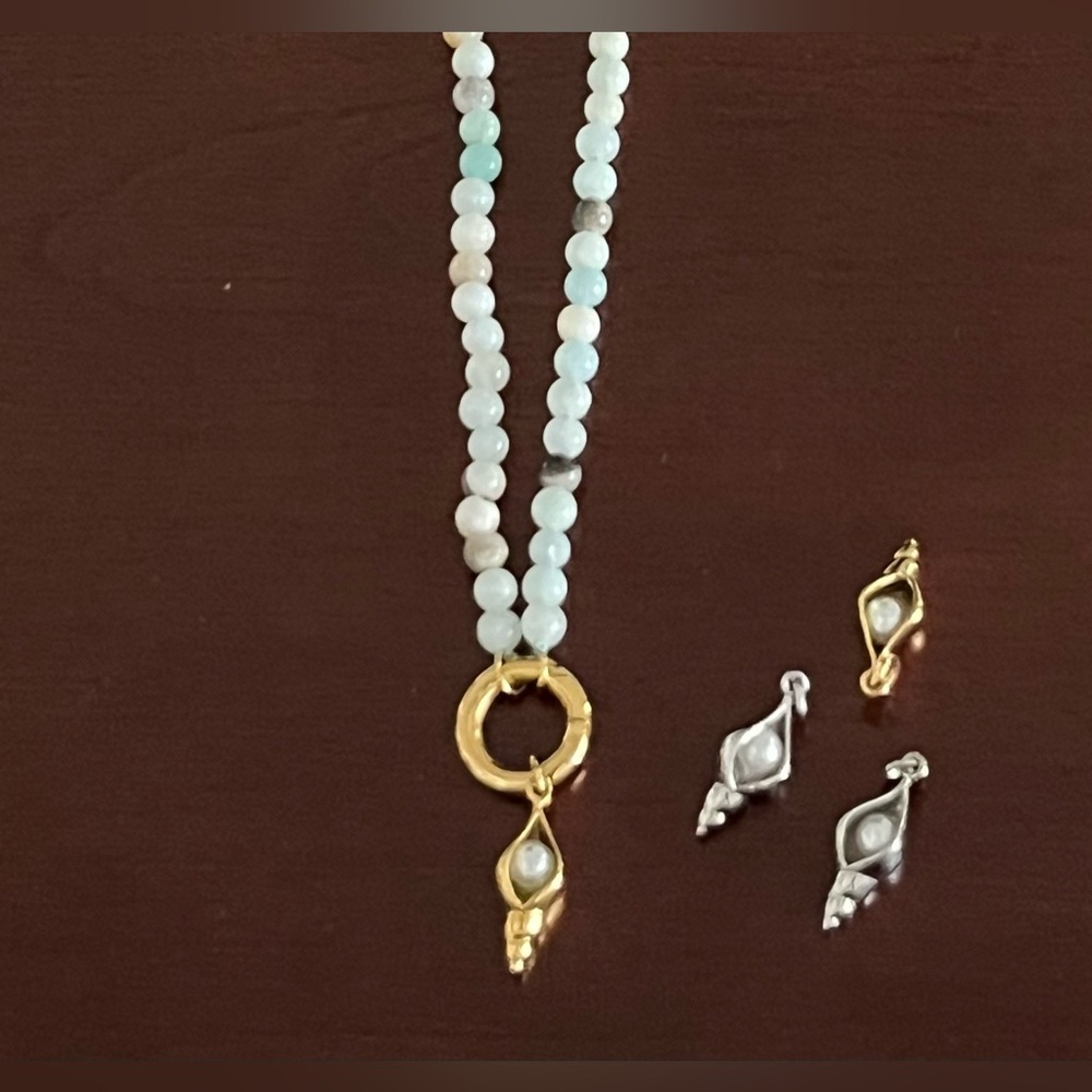 NWOT Unbranded Semi Precious Natural Stone Charm Keeper Necklace w/Pearl Charm